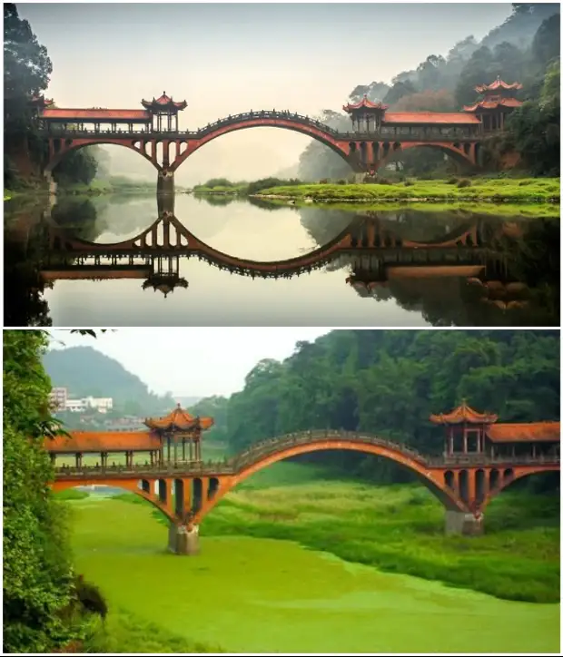 Мост не всегда может порадовать идеальным отражением, а вот красота архитектурных форм впечатляет (Эмэйшань, Китай). | Фото: askideas.com.
