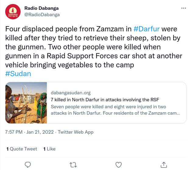 Скотокрады убили 5 человек в лагере беженцев в Северном Дарфуре, Судан