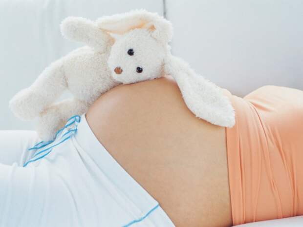 Stuffed rabbit on top of pregnant woman's belly