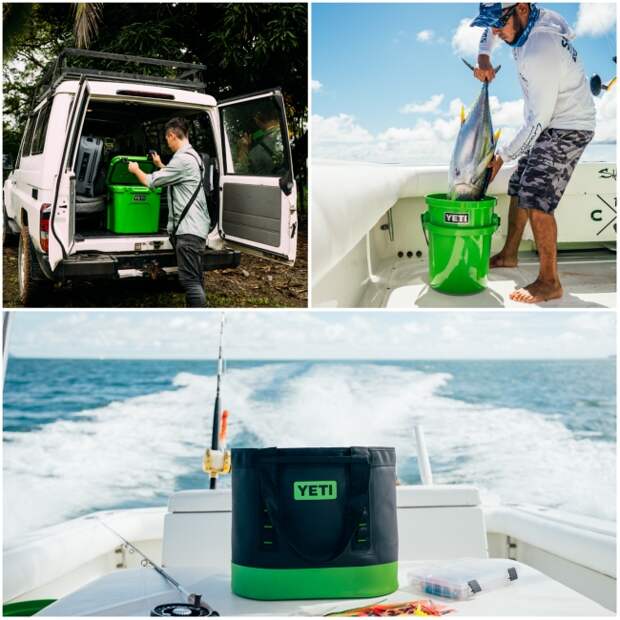 Person loading a YETI cooler in bright Canopy green color. Also a fisherman with a big fish and a YETI bucket in bright canopy green color and a soft YETI color in canopy green on a boat in the water.