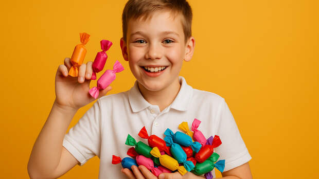 Ребенок с конфетами / Изображение сгенерировано ИИ ChatGPT / amic.ru