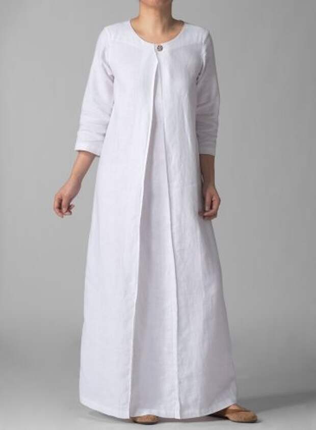3/4 Sleeve Linen Long White Dress: 
