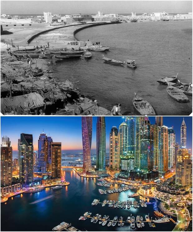Плавсредства и городской пейзаж Дубаи 1960 и 2018 гг.| Фото: kartam47.livejournal.com/ shopudachi.ru.