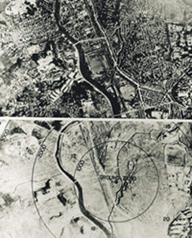 Нагасаки до (вверху) и после атомной бомбардировки. Разрушения просто чудовищны. 	Фото с сайта www.nsarchive.gwu.edu