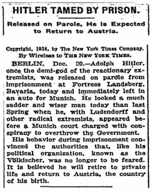 Статья в New York Times, 1924 год: "Тюрьма укротила Гитлера"