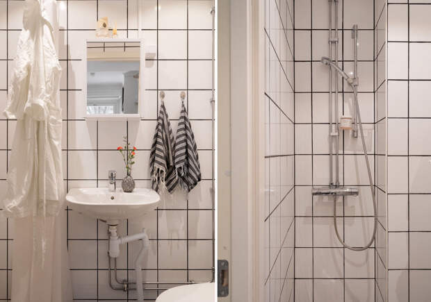 В ванной комнате все по шведской классике — мало места, открытый душ, нет стиральной машинки (в доме есть своя постирочная)
