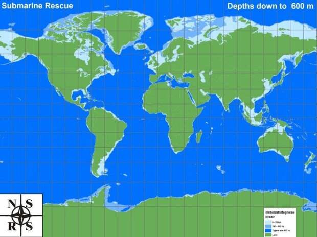 5. Синим обозначены регионы, где глубина воды достаточная для расположения в них подводной лодки в мире, интересно, карта, познавательно, фото