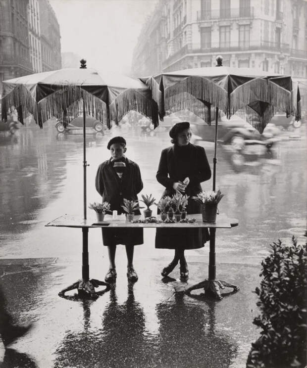 Торговля цветами под дождём. Париж, 1950-е годы.