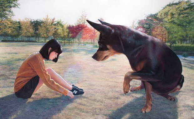 Девушка и собака: картины Woo Jeong Jae