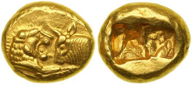 Начало чеканки золотой монеты. Золотой статер Лидии. Золотой статер Лидии, 564-539 г до н.э.. Лидийская монета 7 века до н.э. - золотой статер.