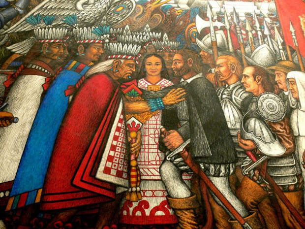 Фреска, изображающая Малиналь во время переговоров между европейцами и индейцами. Она не просто так не смотрит ни на тех, ни на других: у неё своя игра