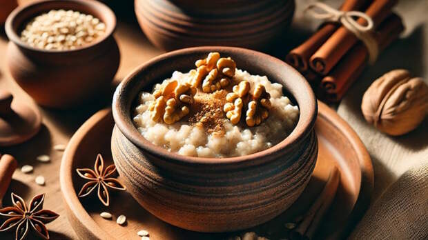 Готовим в горшочках: ячневая каша на молоке с орехами и медом