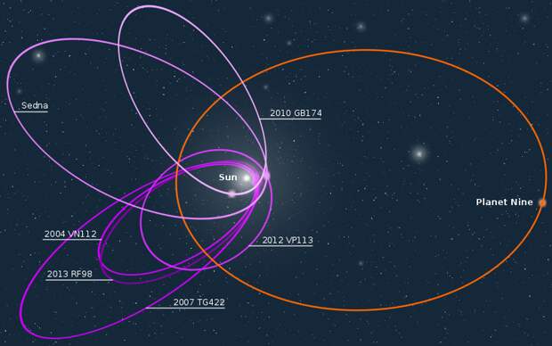 Солнце, орбиты небесных тел пояса Койпера и гипотетическая орбита Девятой планеты