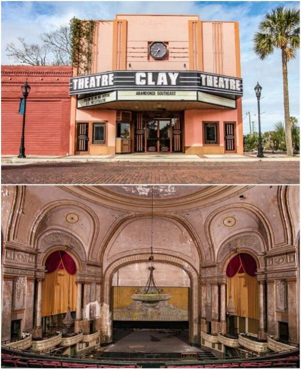 Экстерьер и грандиозный интерьер демонстрируют явные признаки полного запустения (Clay Theater, Новый Орлеан). Экстерьер и грандиозный интерьер демонстрируют явные признаки полного запустения (Clay Theater, Новый Орлеан).