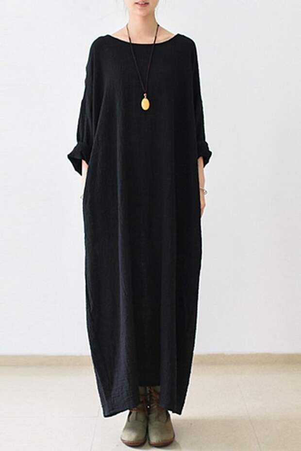 2016 Fall Thin Black Linen Dresses Long Sleeve Linen Caftans Gown