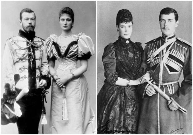 Слева направо: Император Николай II и императрица Александра Фёдоровна, 1894 год. \ Цесаревич Николай Александрович с матерью, 1889 год.