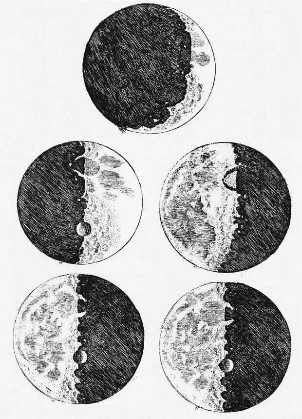 Фото: wikimedia.org/ Рисунок Луны Галилео, который он разместил в своей книге Sidereus Nuncius