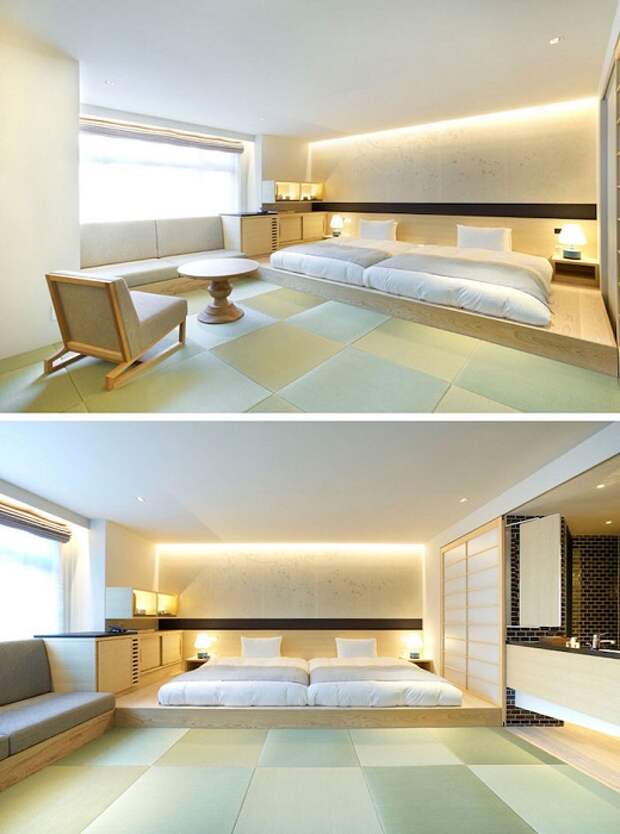 Светлый декор спальной с оригинальной кроватью на деревянной платформе, что создаст дополнительный уют.