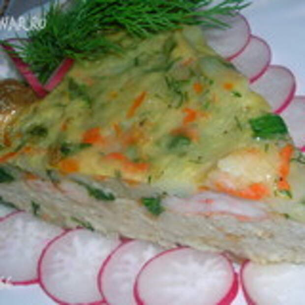 Пестрая рыбная запеканка с овощами и креветками