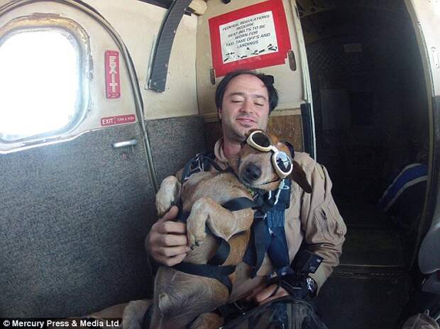 Nathan kitted Riley out with special custom-made 'doggles' so he could join his owner up in the air