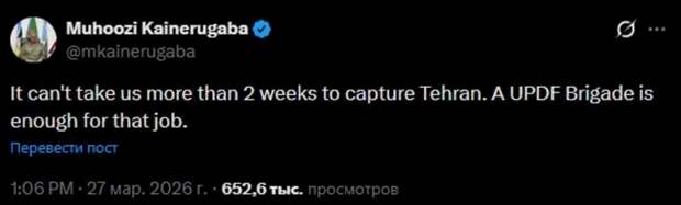"Тегеран за 2 недели": Одна бригада сил обороны Уганды захватит столицу Ирана