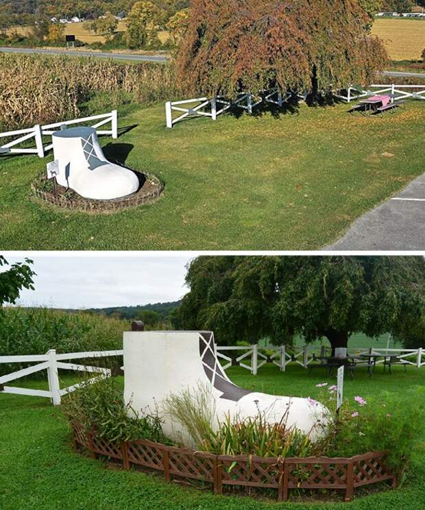 На клумбах также можно увидеть скульптуры-ботинки (Haines Shoe House, США).