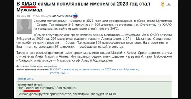 Мухаммады в роддомах по всей России? В Москве среди 10 самых популярных имён новорожденных нет ни одного "мусульманского"