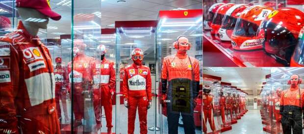 Рядом в стеклянных шкафах — различные комплекты экипировки механиков Ferrari разных лет. Сочи автодром, авто, автомузей, коллекция, музей, сочи, спорткар, суперкар