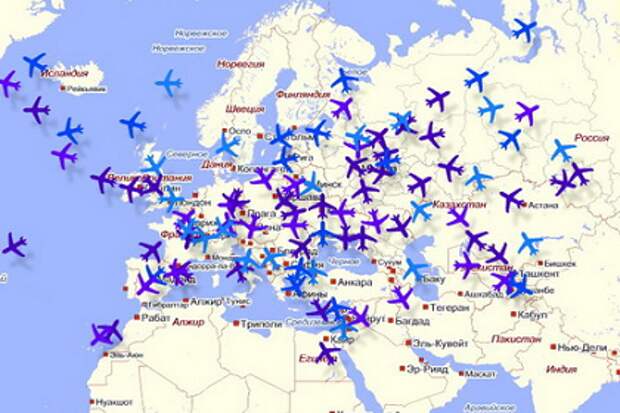 Схема авиамаршрутов в реальном времени
