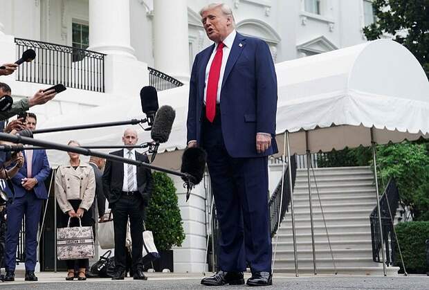 U.S. President Donald Trump speaks to the media as he departs the White House to attend the G7 summit in Canada, in Washington, D.C., U.S., June 15, 2025. 