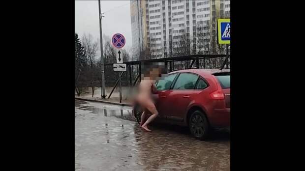 Голожопый шизик выбежал на улицу и начал ломать зеркала у припаркованных автомобилей в подмосковном посёлке Голубое. Его уже увезли в отдел.