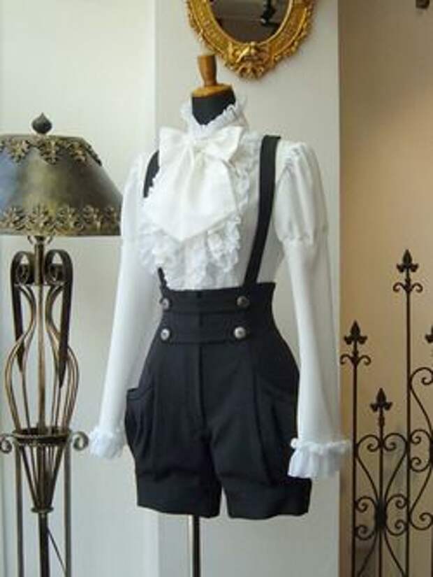 offbrand kodona ensemble black%2Fwhite shirt blouse shorts suspenders gothic_lolita gothic lolita japan fashion clothing ruffles bow: 