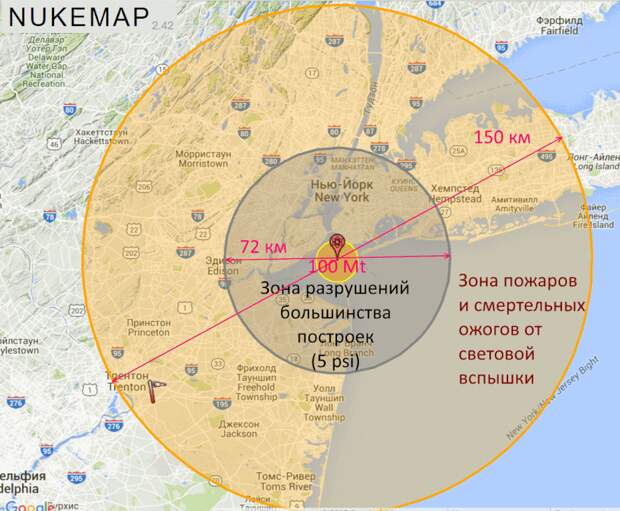 Зона разрушений от снаряда в 100 мегатонн.
