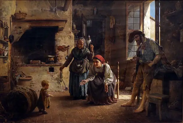 Гаэтано Чиерици (Gaetano Chierici), una scena domestica, primi passi, 1865