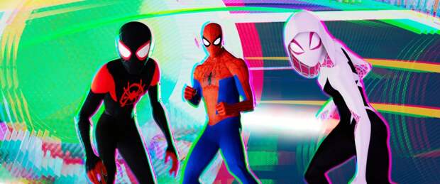 SPIDER-MAN: INTO THE SPIDER-VERSE, from left: Miles Morales (voice: Shameik Moore), Peter Parker (voice: Jake Johnson), Spider-Gwen (voice: Hailee Steinfeld), 2018. Columbia Pictures / courtesy Everett Collection