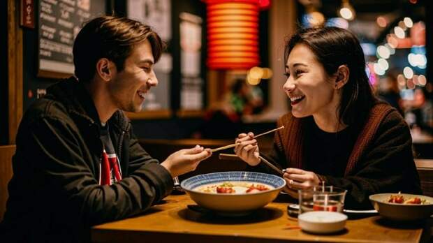 Люди обедают в азиатском ресторане / Фото: создано в нейросети Kandinsky