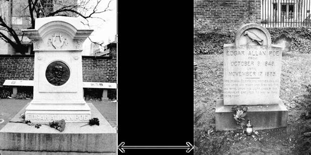 Слева — нынешняя могила Эдгара Аллана По на кладбище в Балтиморе, США. Справа — кенотаф на том месте, где могила По была изначально, до того, как останки писателя перенесли на новое место. Источники: alearned.com, wikimedia.org