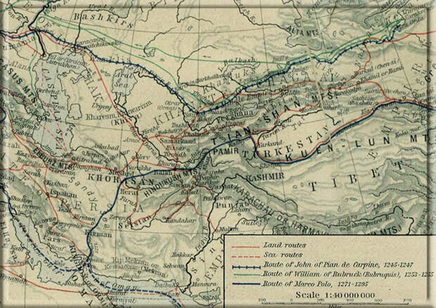 Маршруты, проходящие через Среднюю Азию, по которым следуют основные европейские путешественники, чтобы встретиться с Великим ханом.