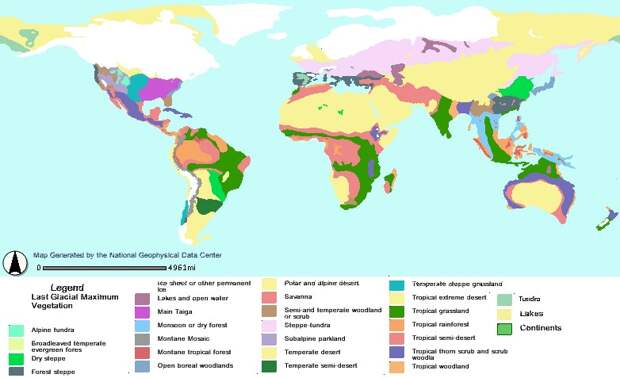 Карта земных ландшафтов 16 000 лет назад, в ледниковый период/ Желтым показаны тропические и арктические пустыни. Хорошо видно, что лесов всех типов на планете было очень мало  ©Wikimedia Commons