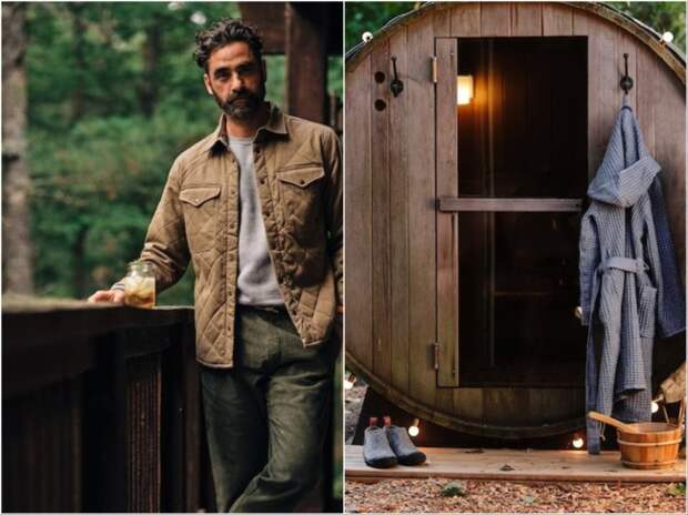 Huckberry men's jacket and men's bathrobe in a rustic setting