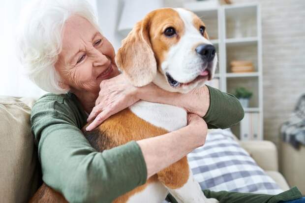 Smiling person hugging their dog.