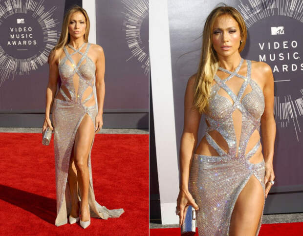 Серебристое платье из пайеток для красной дорожки MTV Music Awards в 2014 году.