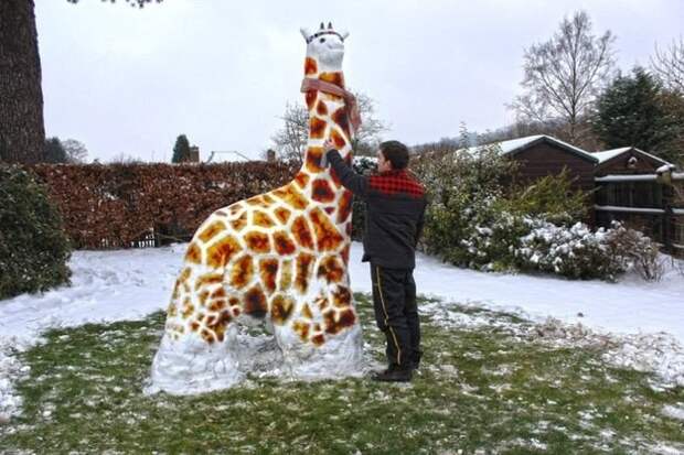 А почему бы не сделать снежного жирафа? зима, снег, снеговик