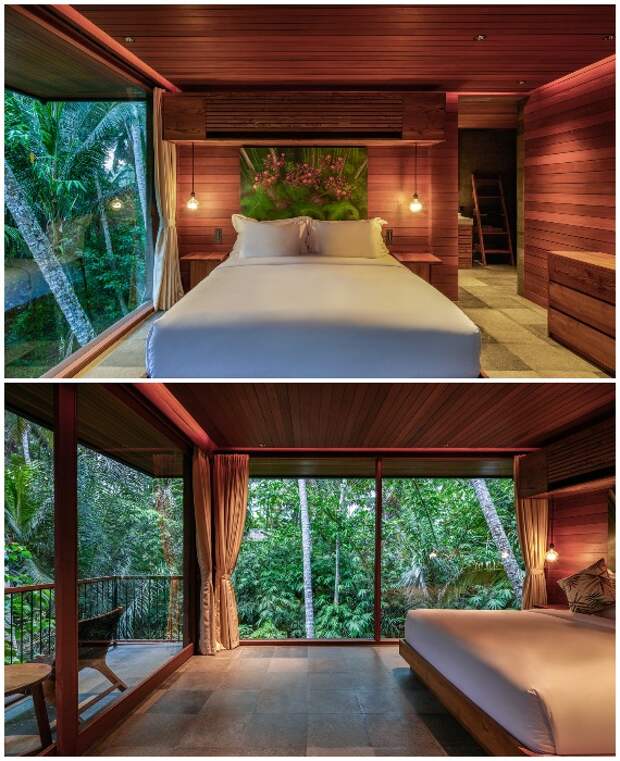 В резиденции и гостевом доме спальни имеются и на нижнем уровне, из них предусмотрен выход на балкон (Birdhouses resort, о. Бали).