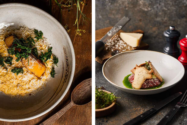 Слева: пшённая каша с запечённым судаком и раковыми шейками под мочёной ягодой/ тартар из воронежской говядины