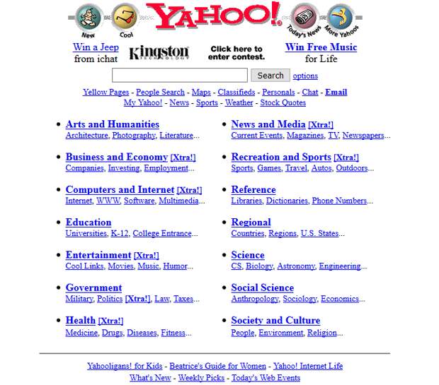 A screenshot of Yahoo in 1997