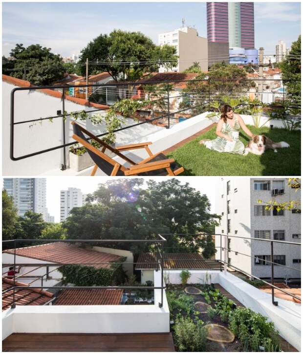 На крыше обустроили солярий, лужайку для отдыха и даже огород с клумбой (Piraja House, Бразилия).