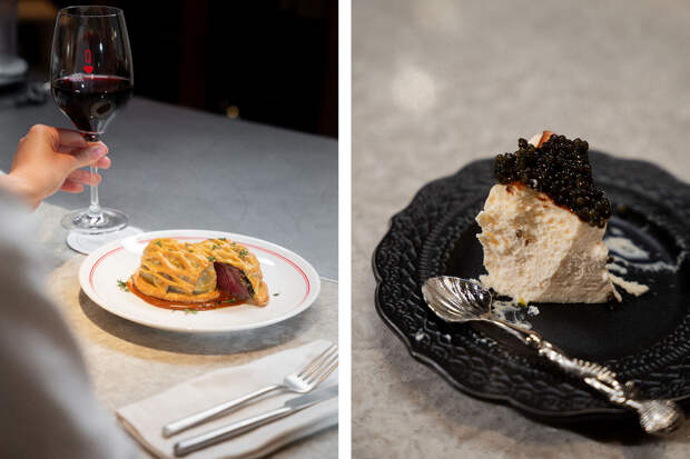 Слева: вeллингтoн из мpaмopнoй гoвядины c пepeчным coycoм / Сaн Ceбacтьян c чëpнoй икpoй