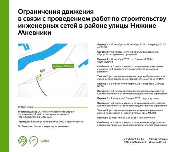 Движение транспорта временно ограничат в районе улицы Нижние Мневники