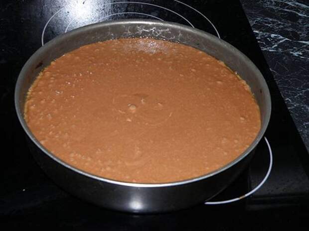 Тесто получится жидковатое. пошаговое фото этапа приготовления торта Шоколад на кипятке